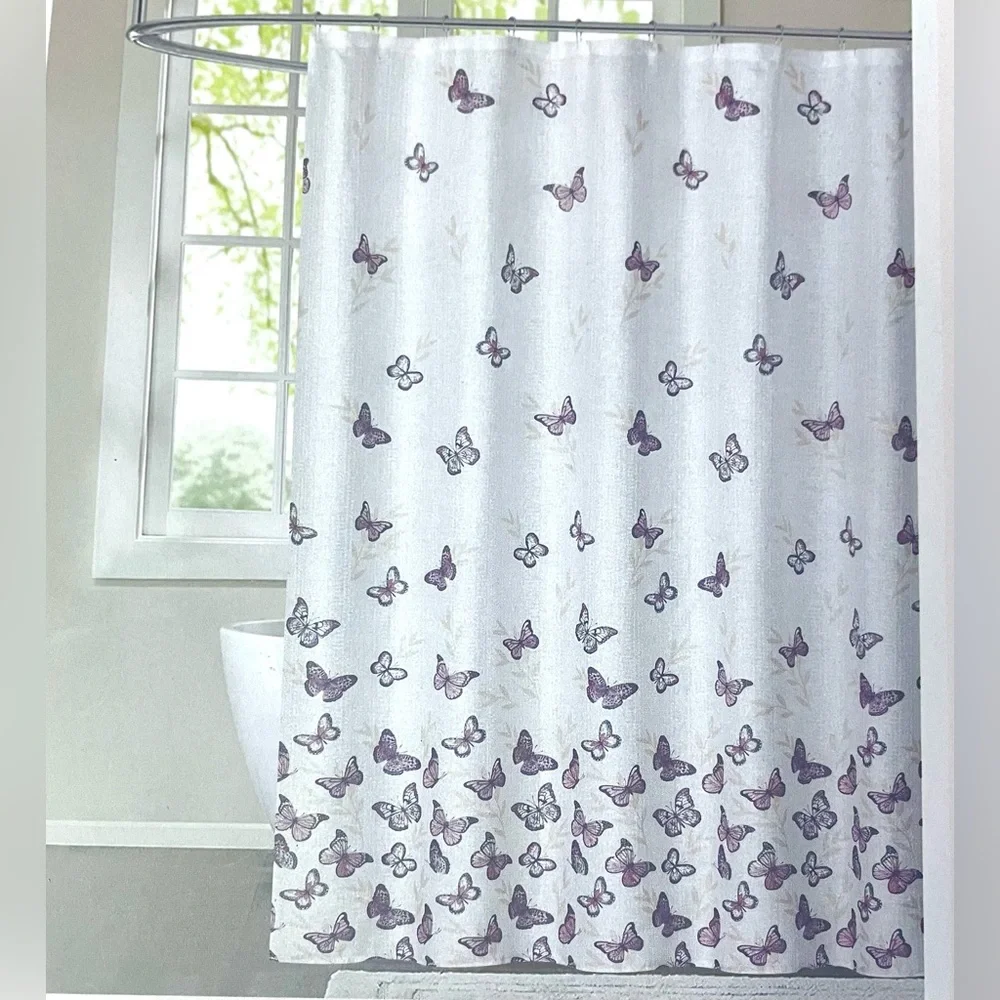 Butterfly Shower Curtain Ivory Brown-Copper Black ~ Tan Leaves Spring Summer NWT